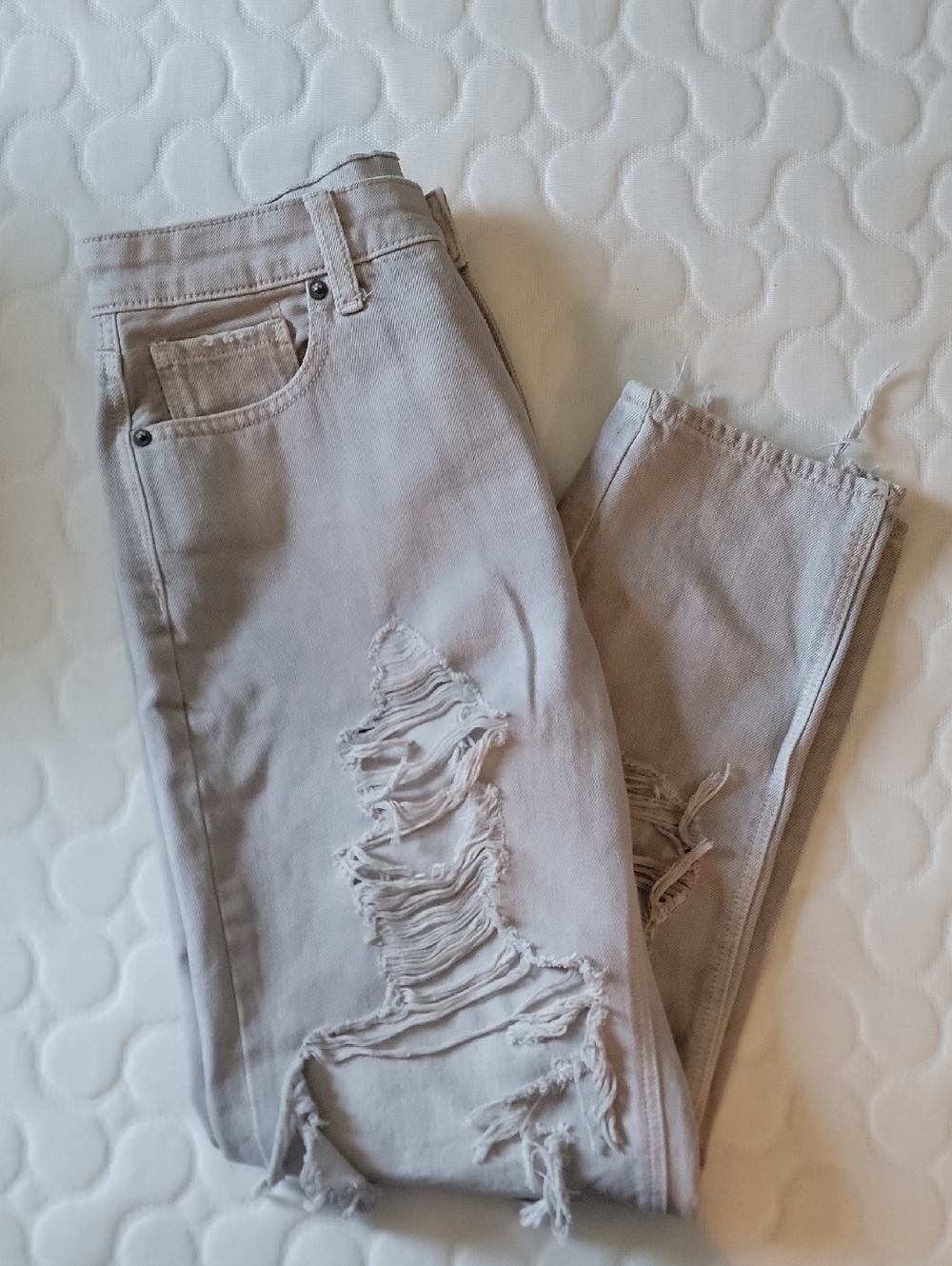 American Age Women's Distressed Mom Jeans in Light Taupe